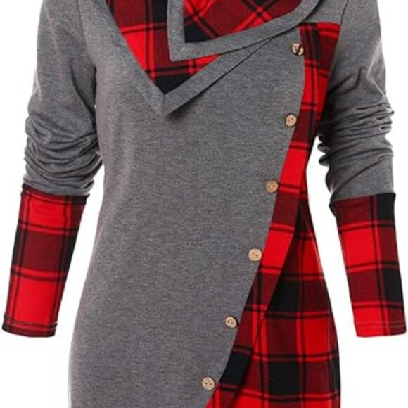DRESSFO Plaid Tartan Panel Cowl Neck Tulip Front Tunic says L but think Medium - Picture 1 of 7